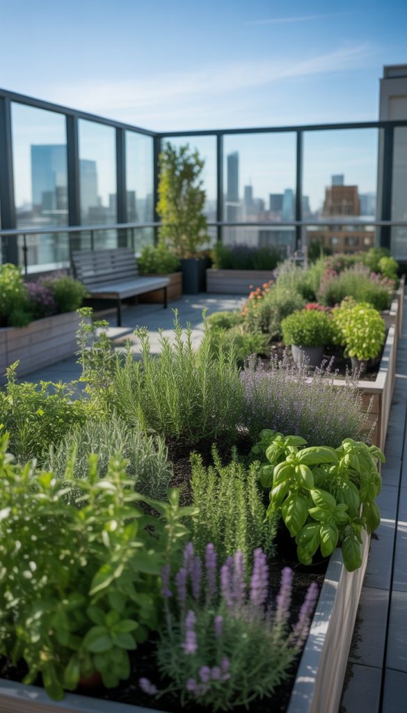 A rooftop garden featuring various herbs and plants in raised wooden planters, with city buildings visible in the background under a clear blue sky.