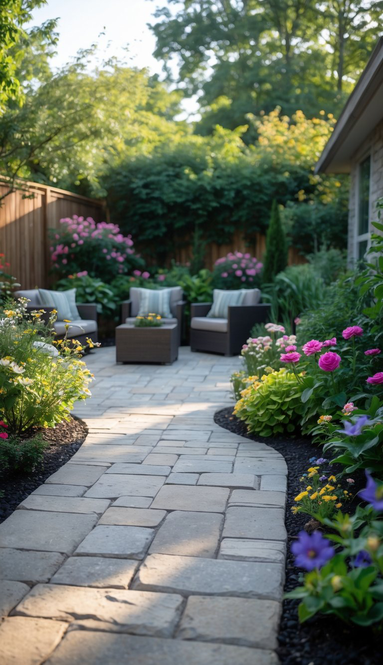 A garden patio with a stone pathway leading to wicker chairs and tables surrounded by vibrant flowers and lush greenery.