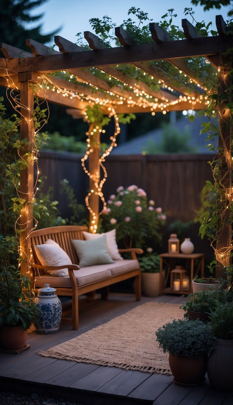 A cozy outdoor patio with a wooden pergola adorned with string lights and climbing plants. Below the pergola, there's a wooden bench with pillows, surrounded by potted plants and decorative lanterns. The setting is tranquil and inviting, ideal for relaxation in the evening.