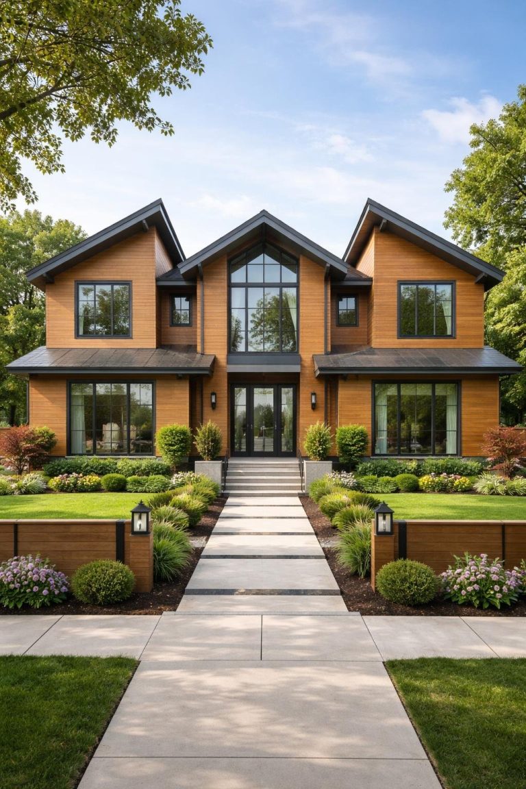 A modern two-story home with a wooden exterior, large windows, and a landscaped front yard featuring shrubs and flowering plants along a paved walkway.