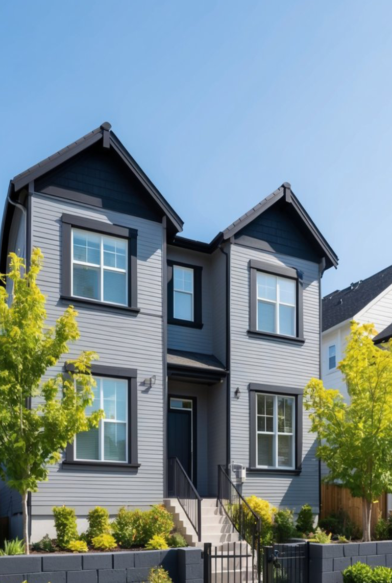 Modern two-story house with gray siding, black trim, and a front porch with steps, surrounded by a neatly landscaped yard with shrubs and young trees under a clear blue sky.