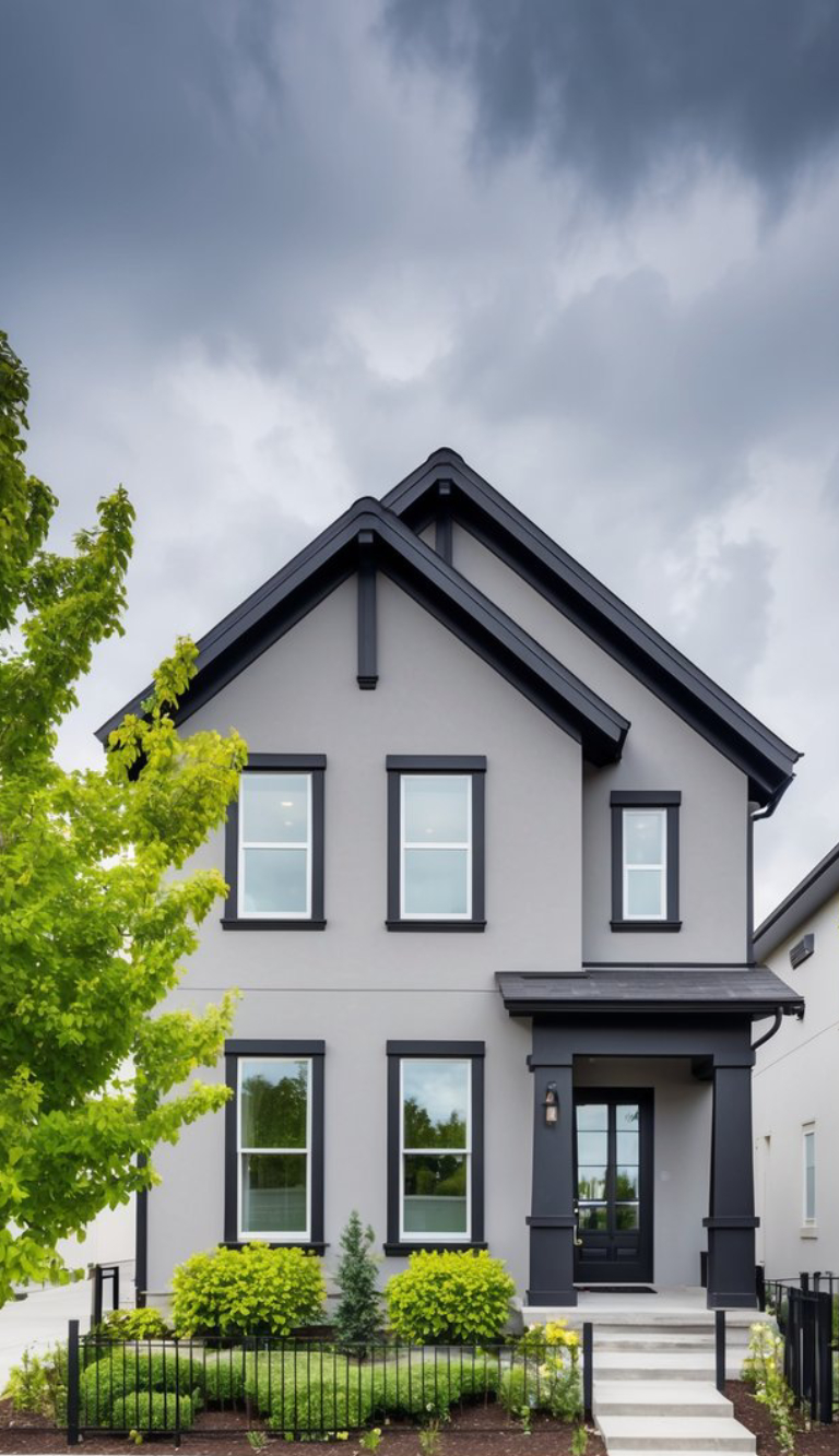 A modern two-story house with gray exterior walls, black trim, and symmetrical windows, set against a cloudy sky. The front yard is landscaped with green shrubs and a small tree, enclosed by a black fence.