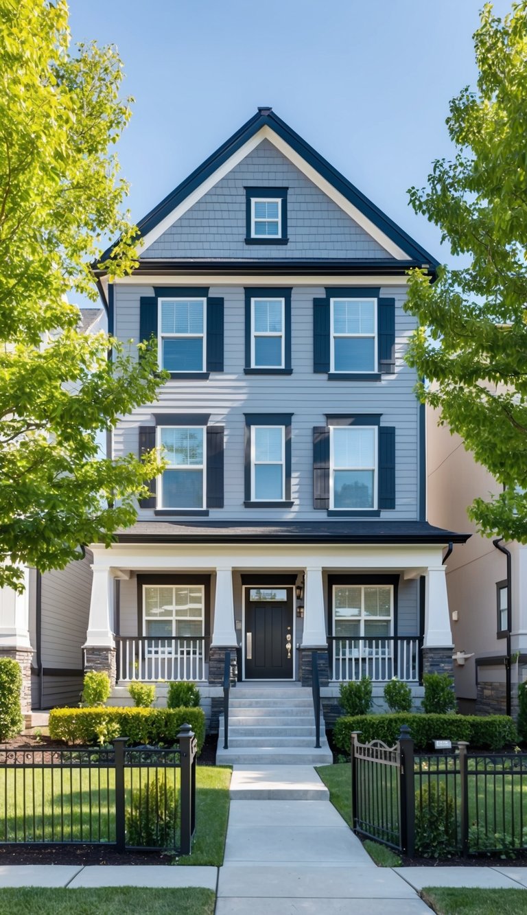 A modern, three-story house with grey siding, white trim, and dark blue shutters, featuring a front porch with columns and stairs leading to the entrance, surrounded by a well-manicured lawn and black iron fencing.