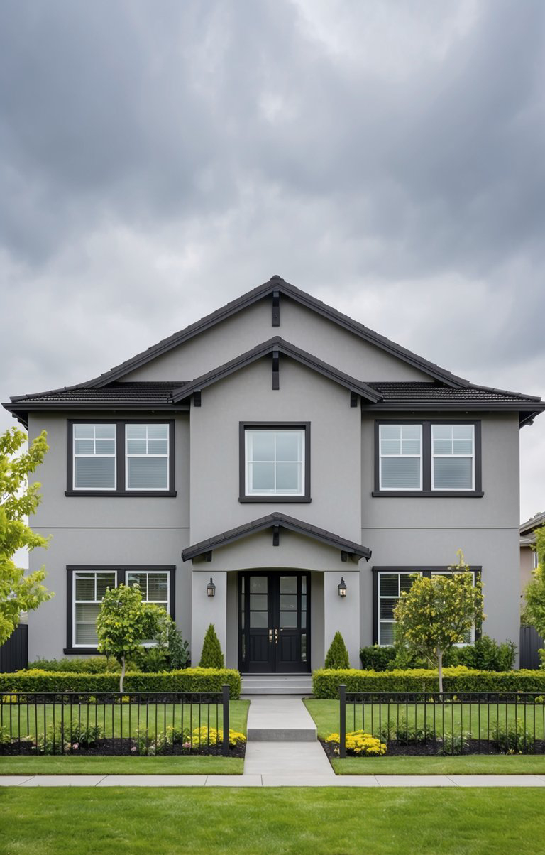 A modern two-story house with a gray exterior, black trim, and a symmetrical design, featuring a central front door flanked by four windows. The front garden is landscaped with small trees, shrubs, and yellow flowers, surrounded by a black metal fence. The sky is overcast.