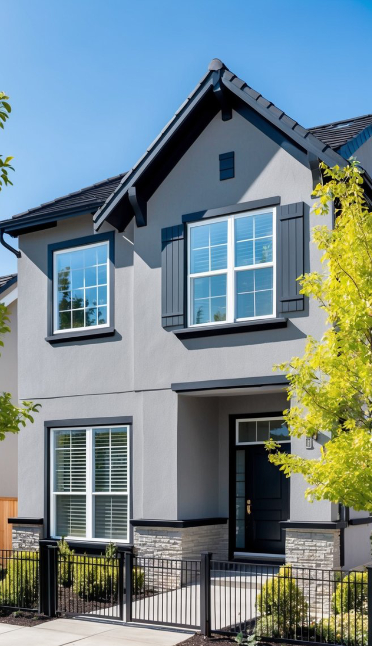 A modern two-story house with a grey exterior, dark trim, and large windows, surrounded by a small garden and fenced front yard, with a clear blue sky above.