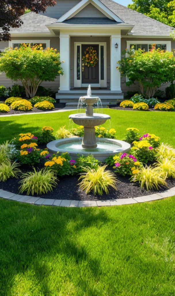 A well-manicured front yard featuring a circular stone fountain, surrounded by yellow flowers and ornamental grasses, leading up to a charming house with a wreath on the front door.