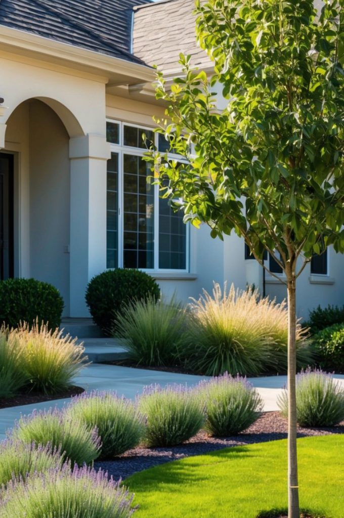 A well-maintained garden with a small tree, ornamental grasses, and lavender bushes in front of a house with arched windows and a tiled roof.