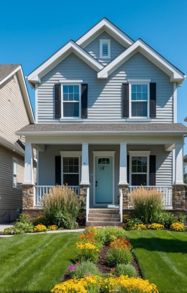 A two-story house with light gray siding and black shutters, featuring a front porch with white columns and stone accents. The yard is landscaped with a lush green lawn and colorful flower beds.