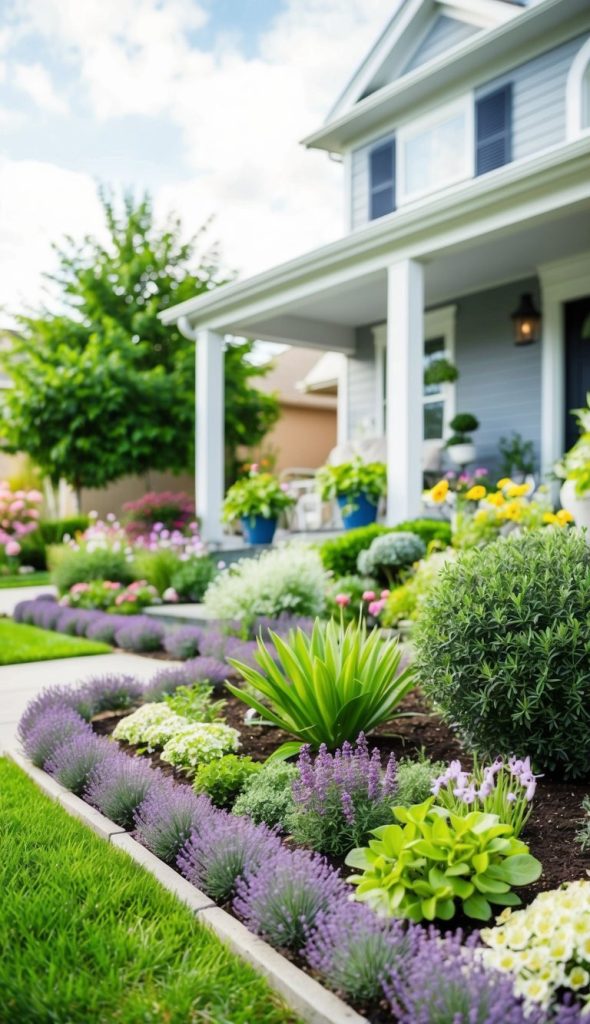 A well-maintained garden with various colorful flowers and shrubs in front of a blue house with a white porch.