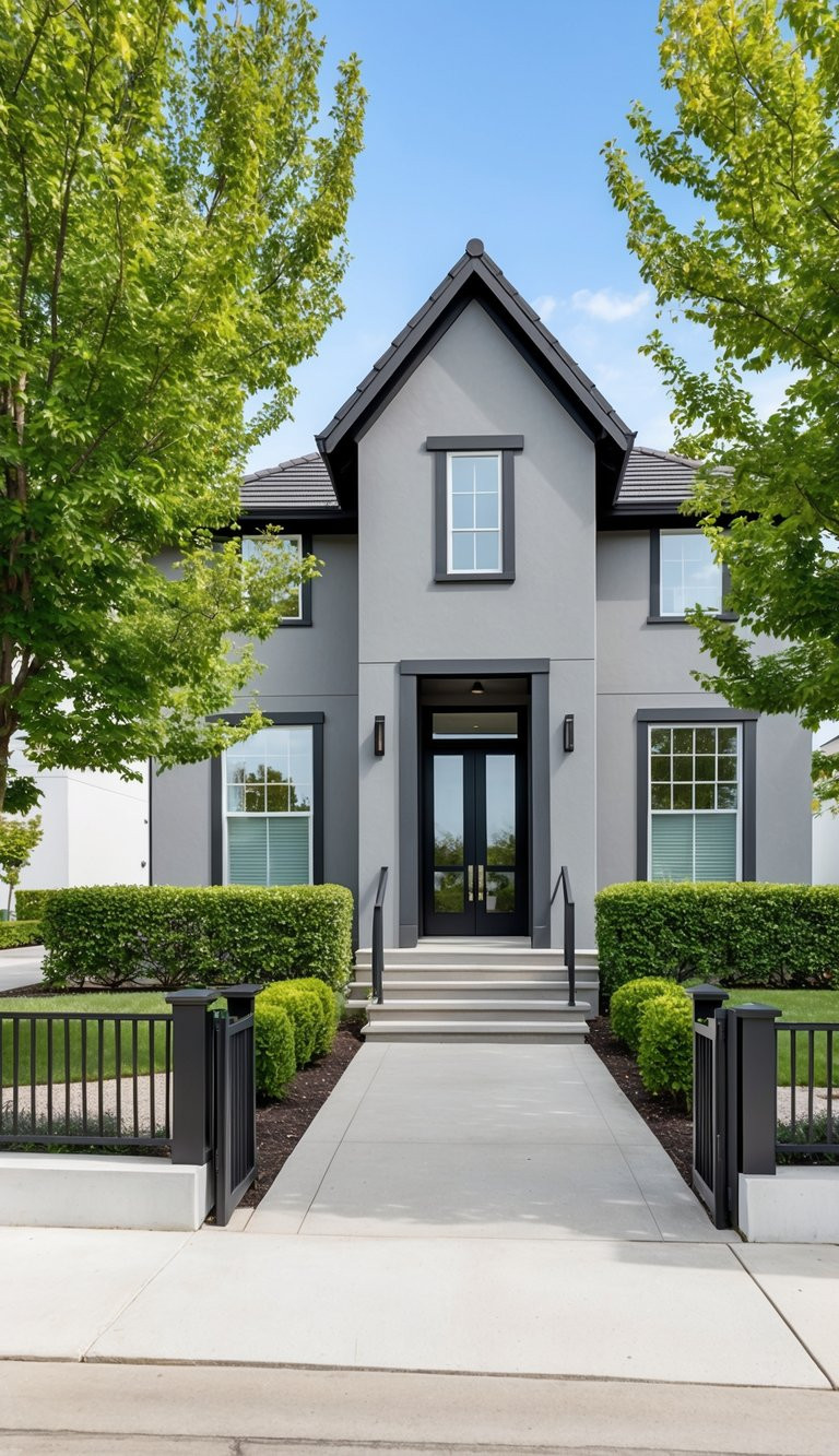 A modern two-story gray house with a peaked roof, large windows, and a symmetrical front entrance. The pathway leading to the entrance is flanked by neatly trimmed hedges and metal fencing, with trees on either side.