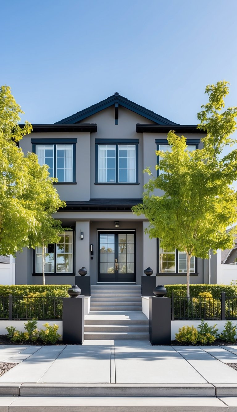 A modern, two-story gray house with a symmetrical facade, large windows, black trim, and a central entrance. The house is framed by two small trees and has a neatly landscaped front yard with a short pathway leading to the front steps.