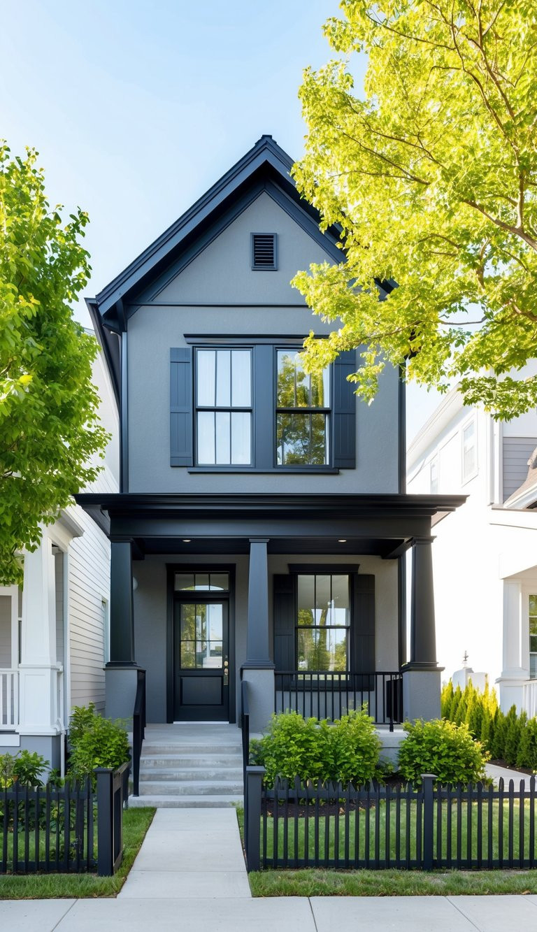 A modern two-story house with gray exterior, black trim, and a small front porch. It features large windows with shutters, a small garden, and is surrounded by a black picket fence. The house is flanked by green trees and neighboring homes.