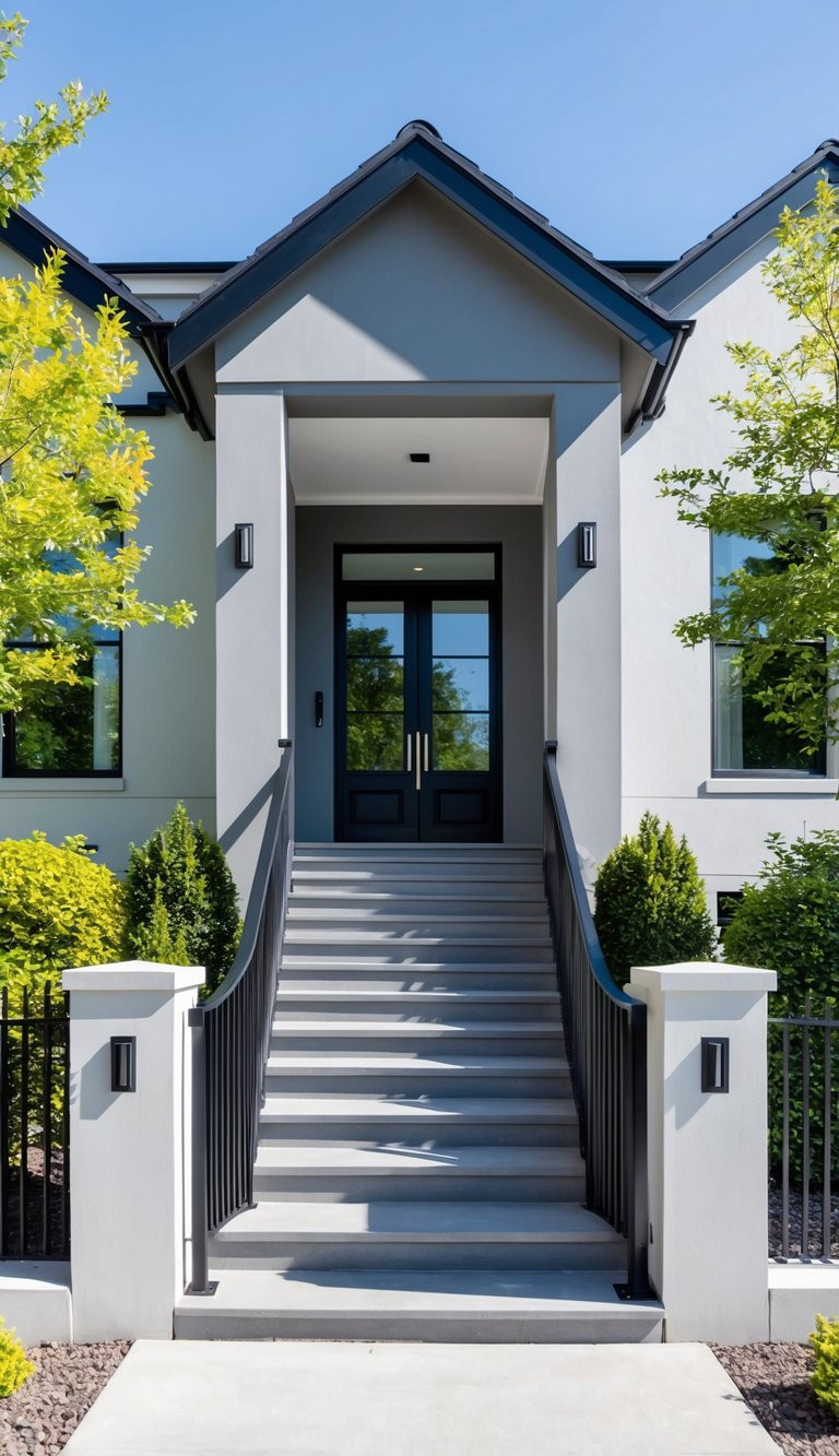 Front entrance of a modern house with gray exterior walls, a steep staircase leading up to a double glass door, and black metal railings, surrounded by lush green landscaping.