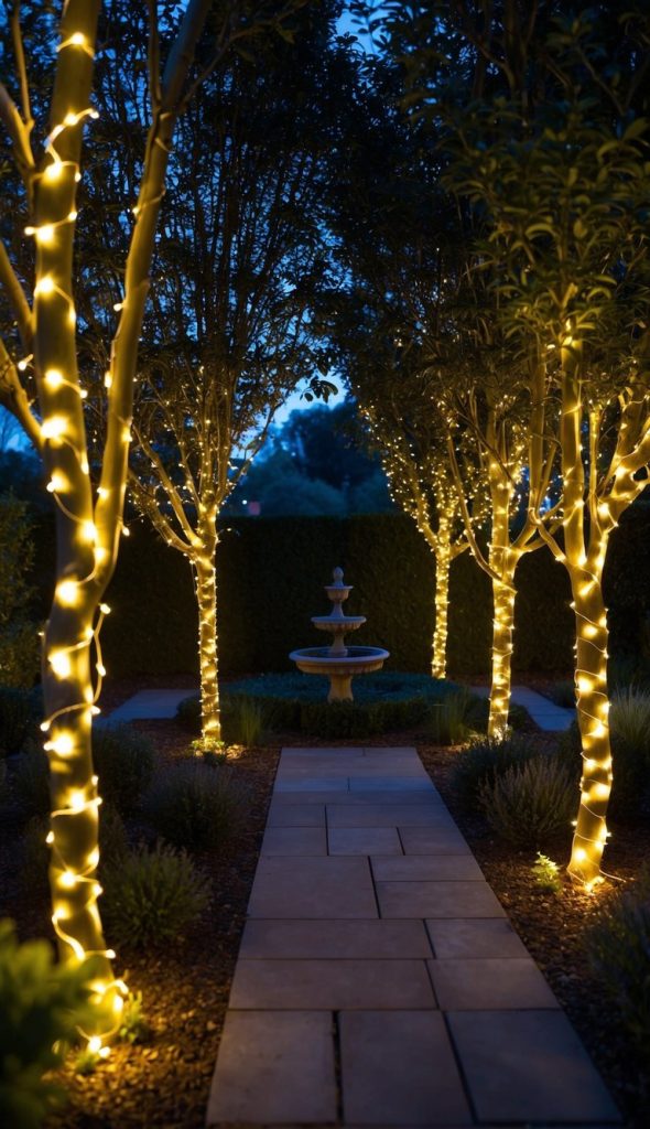 A garden pathway at dusk lined with trees wrapped in glowing string lights, leading to a decorative fountain.