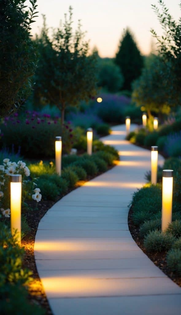 A winding garden pathway illuminated by modern bollard lights, surrounded by lush greenery and flowering plants under a twilight sky.