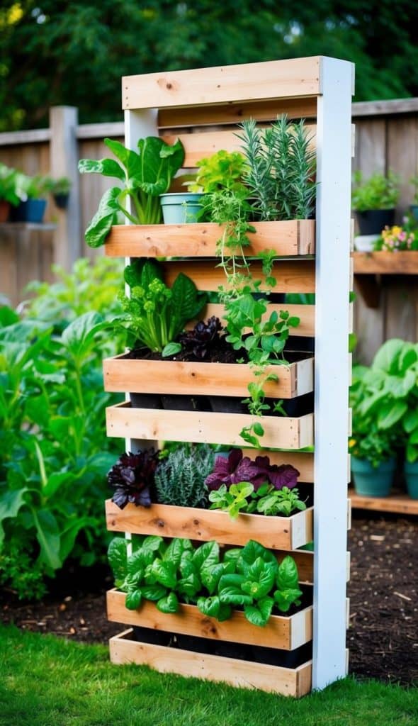 A vertical wooden planter in a garden, filled with a variety of herbs and leafy greens such as lettuce and rosemary, against a wooden fence backdrop.