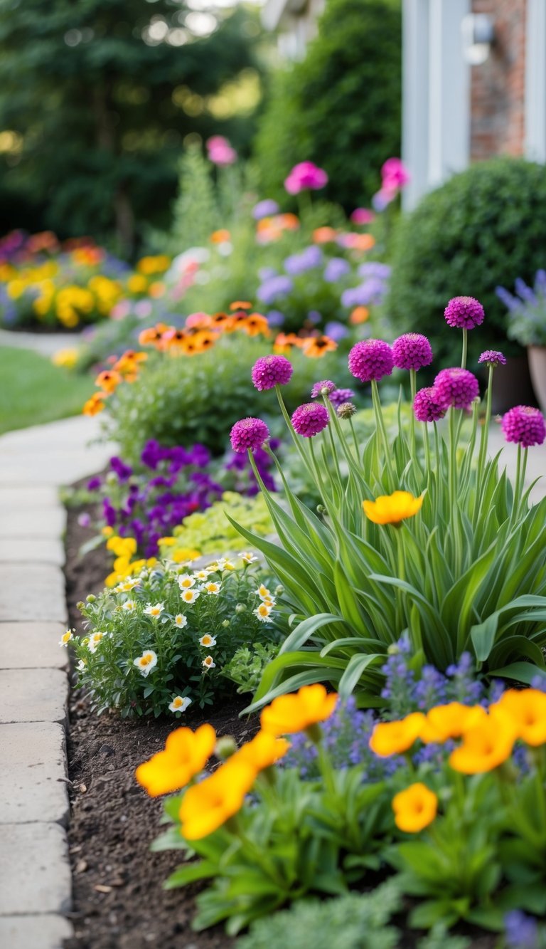 Colorful perennial flowers fill a well-maintained front yard garden bed, creating a vibrant and inviting landscape