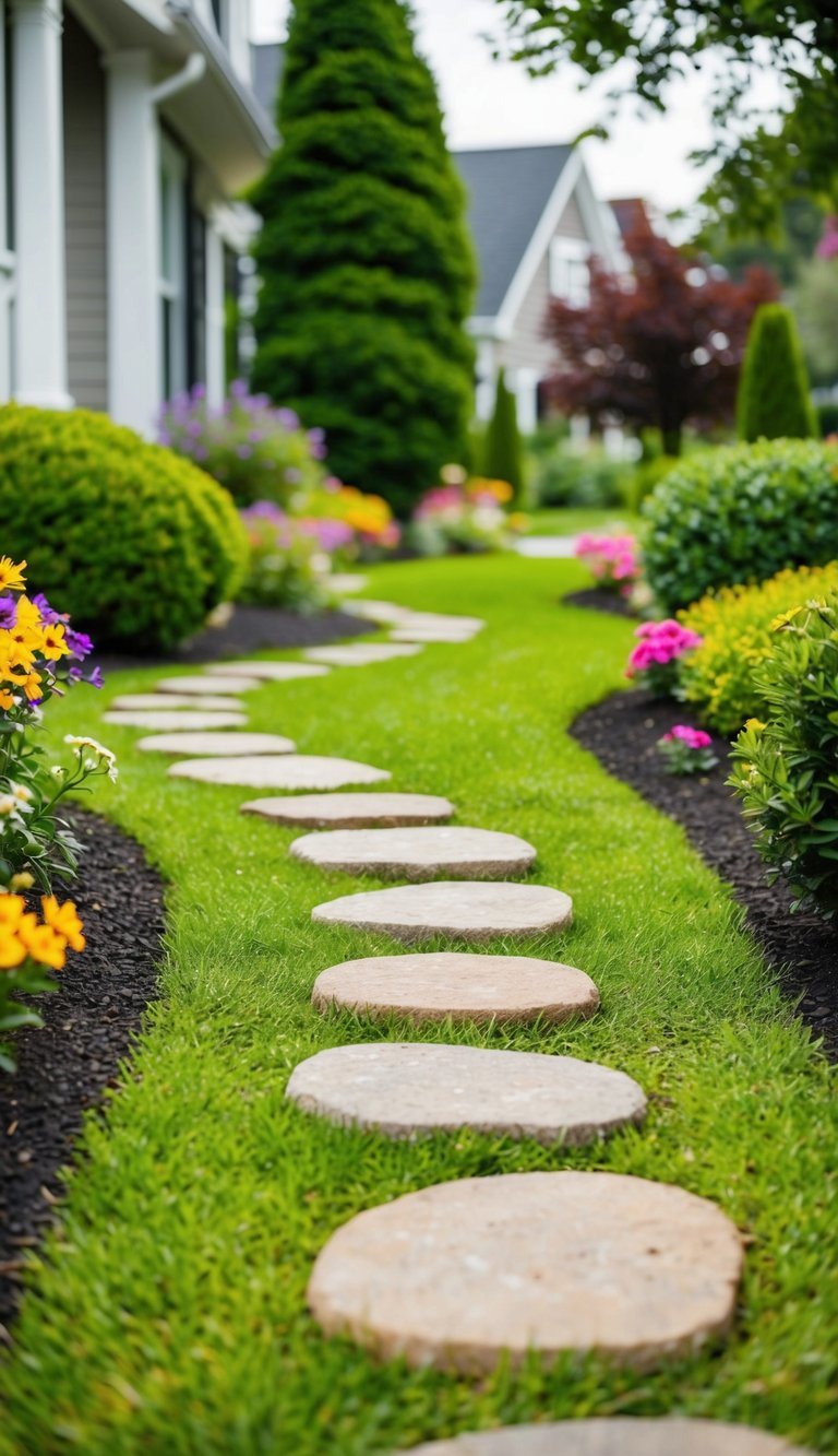 A winding path of rustic stepping stones leads through a lush front yard garden, surrounded by colorful flowers and neatly trimmed shrubs