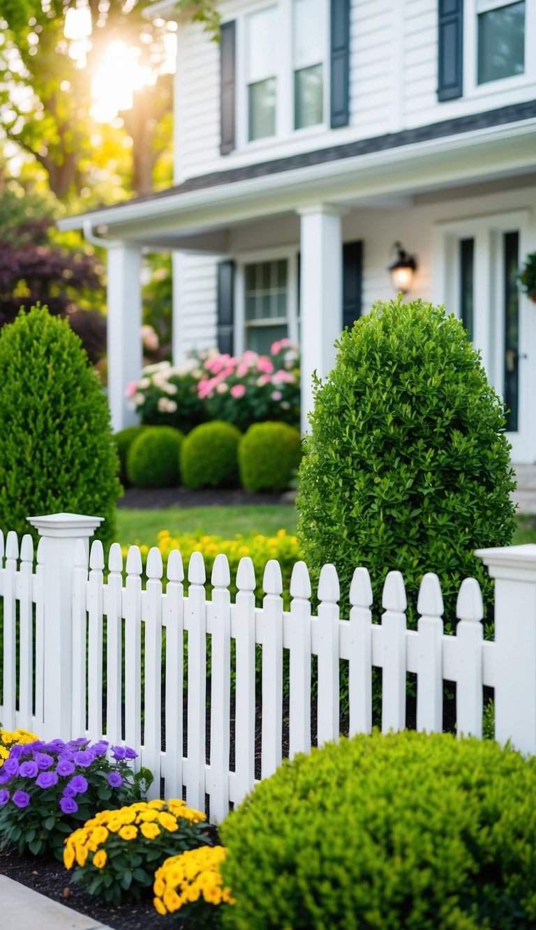 A white picket fence surrounds a well-manicured front yard with colorful flowers and neatly trimmed shrubs