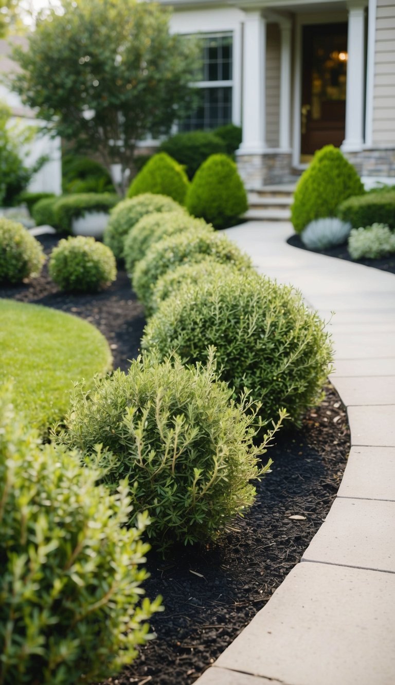 A winding path lined with thyme bushes leads through a front yard garden, creating a fragrant and visually appealing entrance to the home
