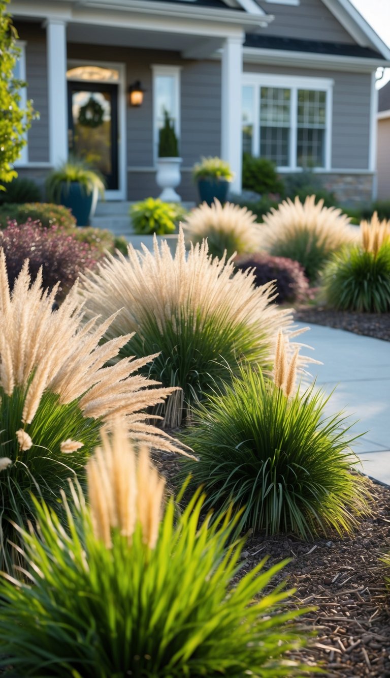 A front yard filled with various ornamental grasses in a landscaped setting, creating a visually appealing and inviting curb appeal