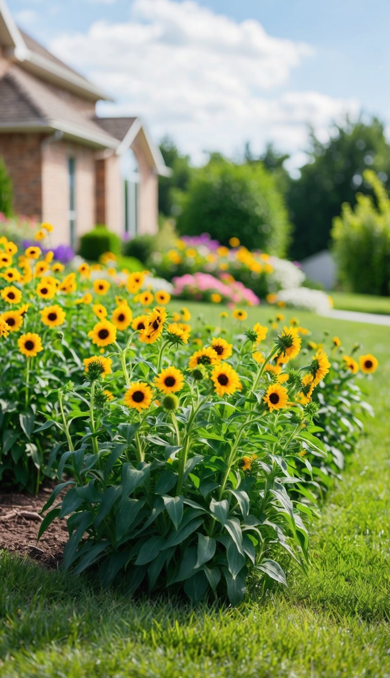 A front yard filled with vibrant cornflower bunches, adding a pop of color to the landscape