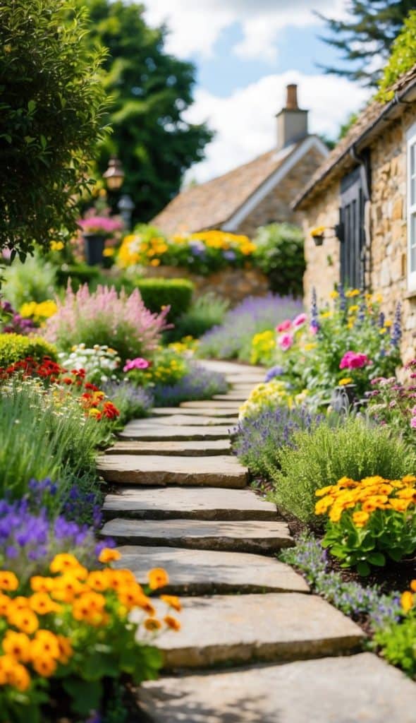 A stone pathway lined with colorful flowers leads to a quaint cottage with a stone exterior in a lush garden setting.