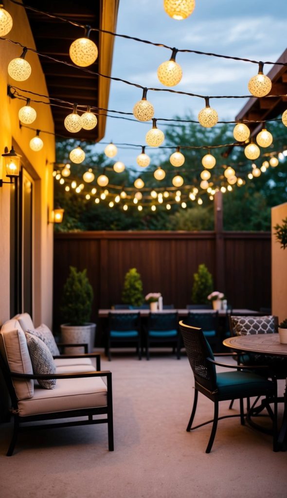 A cozy outdoor patio with string lights hanging overhead, creating a warm, inviting atmosphere. The patio is furnished with cushioned chairs, a small table, and potted plants. A larger dining table is visible in the background, surrounded by chairs with patterned cushions, against a backdrop of a wooden fence and greenery.