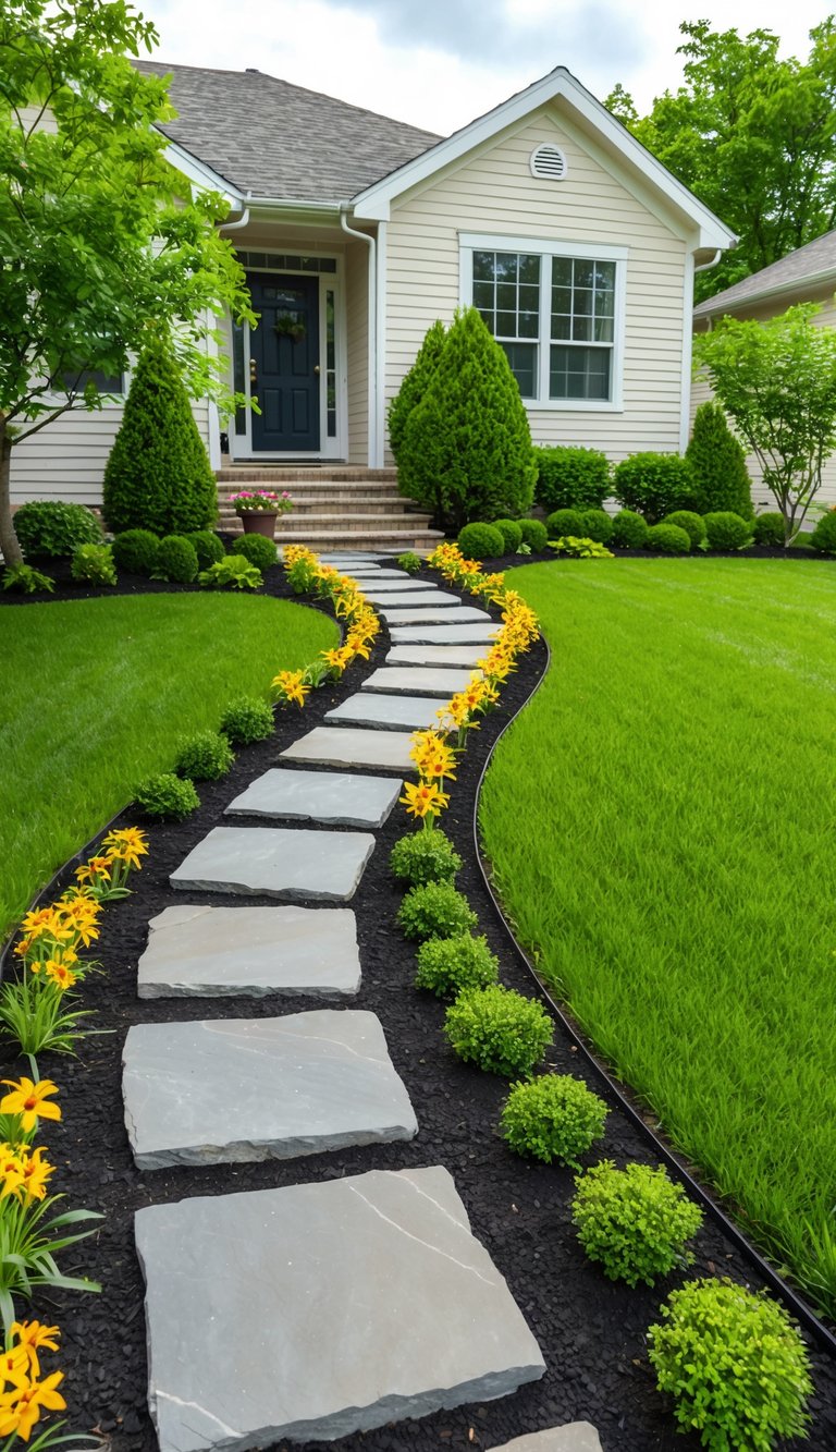 A winding garden path of stepping stones leads through a lush front yard, bordered by vibrant flowers and neatly trimmed shrubs