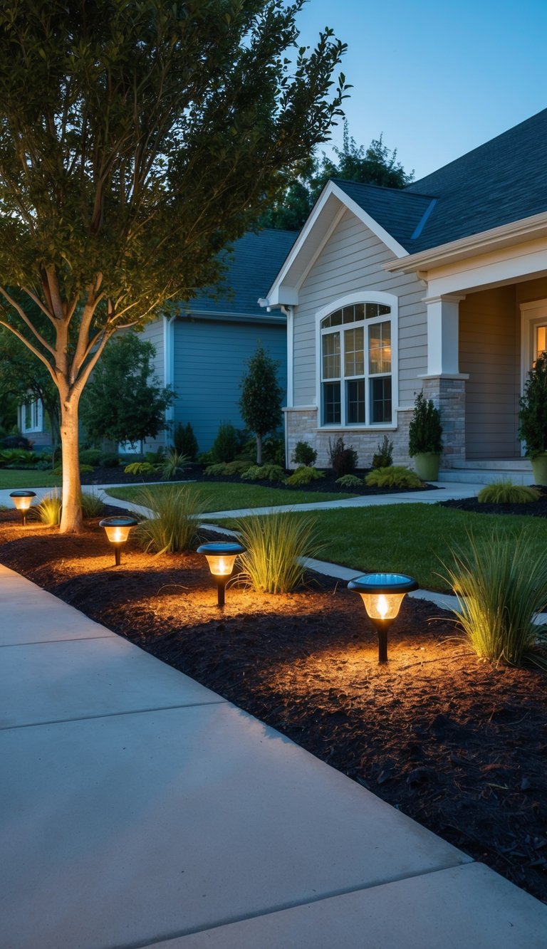 The front yard is lined with solar garden lights, casting a warm glow on the landscaped area