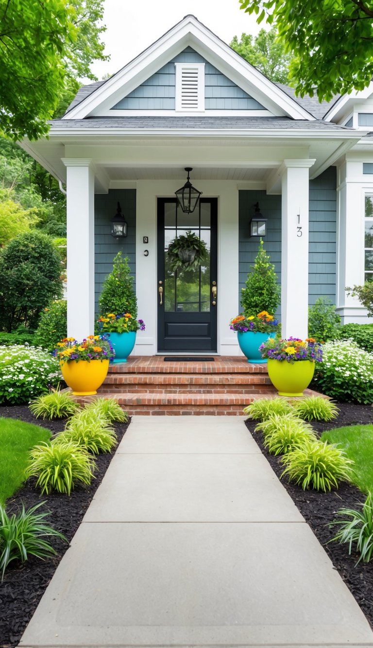 Colorful planters frame the porch, filled with vibrant flowers and greenery. A welcoming entrance to a beautifully landscaped front yard