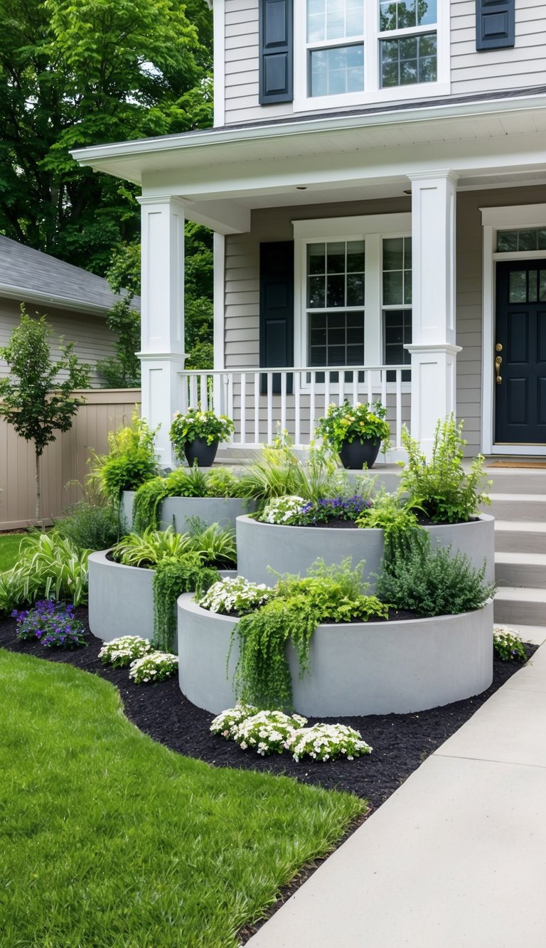 Tiered planters create depth in a front yard, with cascading greenery and flowers adding visual interest and curb appeal