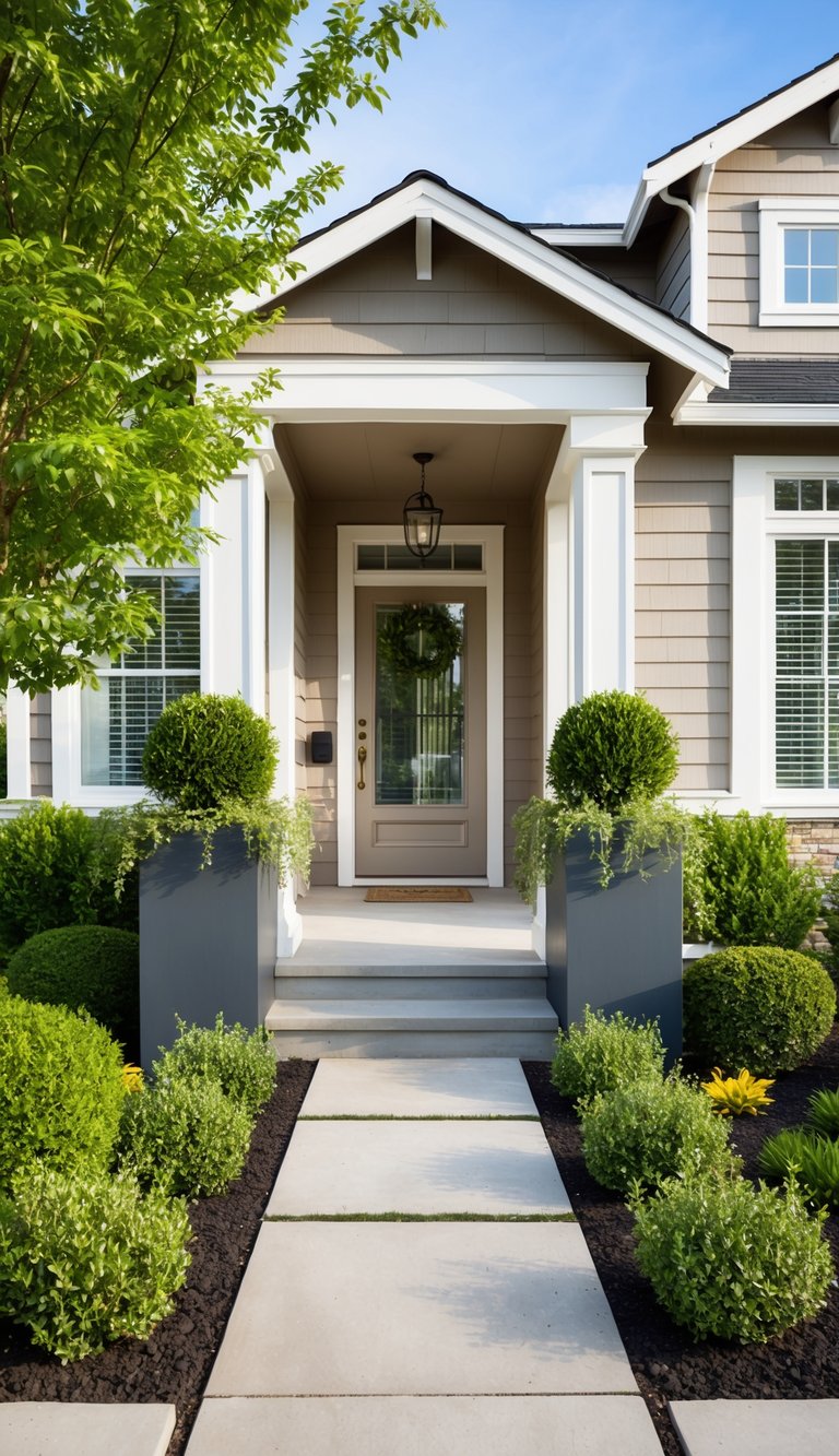 Tall planters frame the entryway, adding a touch of greenery to the front yard