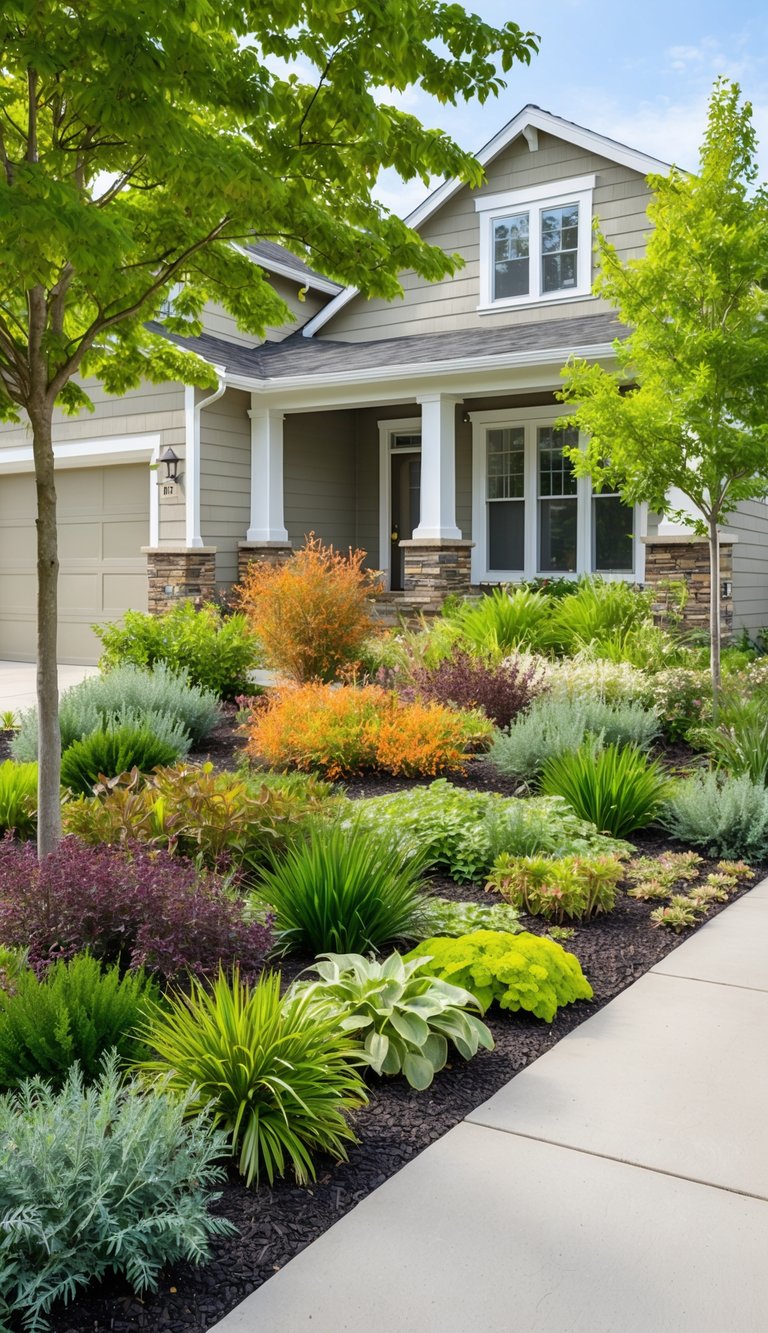 A colorful array of native plants fills a front yard, creating a low-maintenance and visually appealing landscape