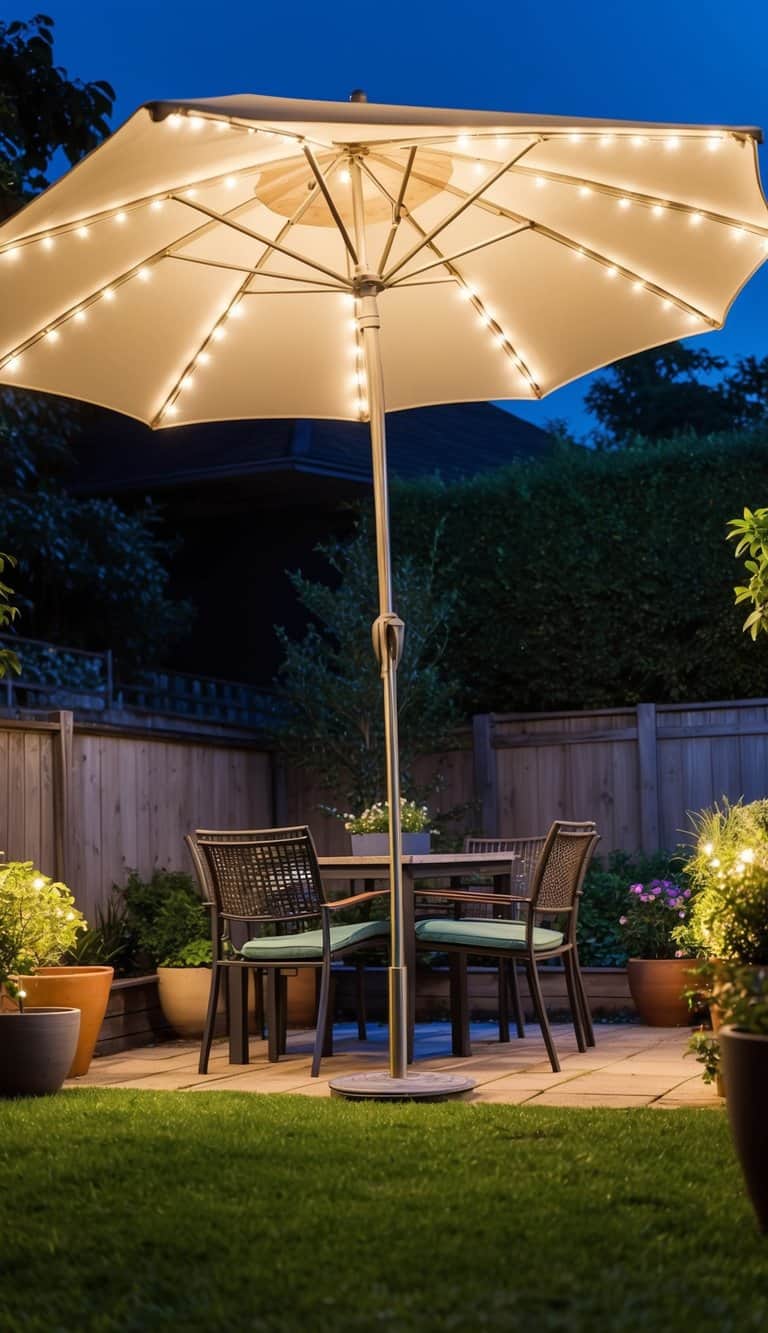 A backyard garden at night with LED umbrella lights casting a soft glow over the space