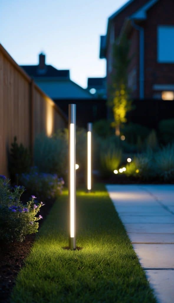 A backyard path illuminated by sleek, modern LED garden lights at dusk, bordered by a wooden fence and landscaping with grass and flowers.