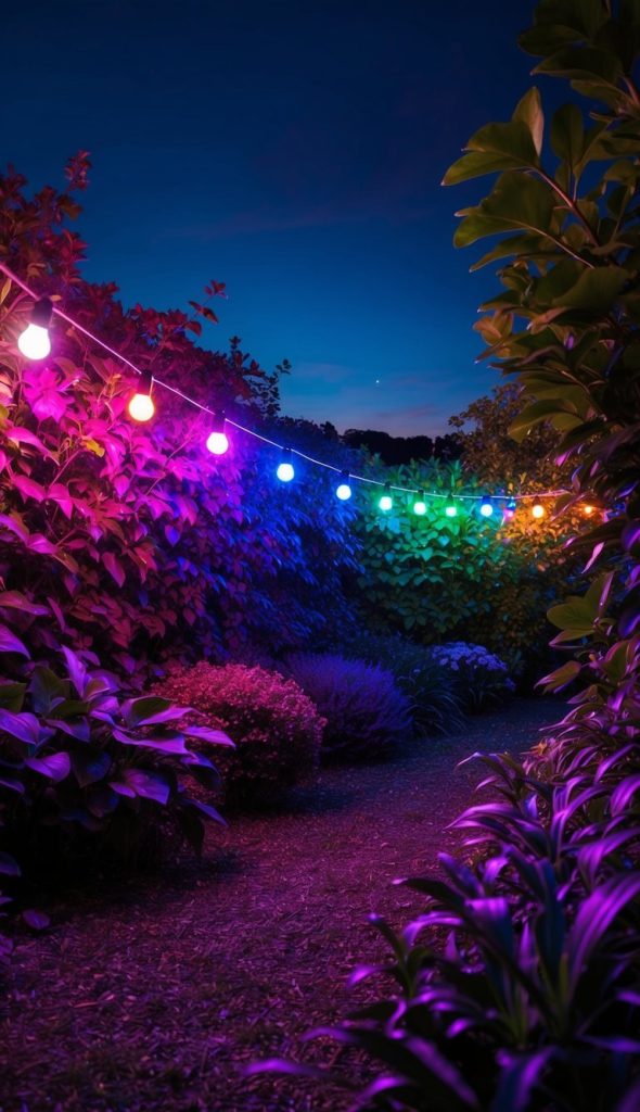 A garden path at twilight illuminated by a string of colorful lights, with lush green foliage on either side.