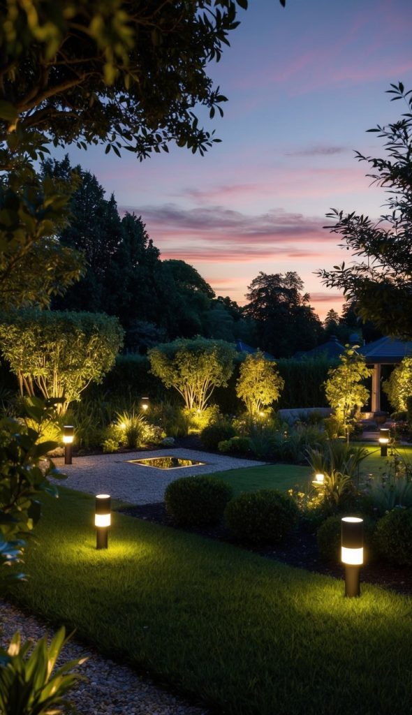 A beautifully landscaped garden at dusk with illuminated pathway lights, neatly trimmed bushes, and a gravel path surrounded by lush greenery.