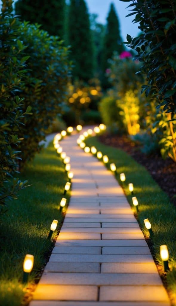 A winding garden path is lined with glowing lights on either side, bordered by lush green bushes and trees, creating a tranquil and well-lit atmosphere at twilight.