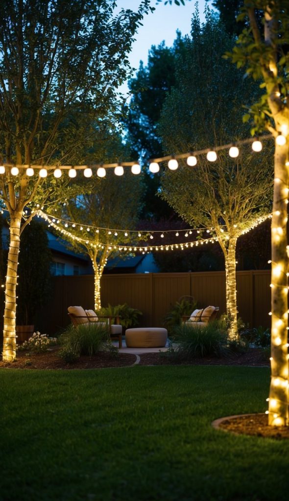A cozy backyard setting at dusk features trees wrapped in fairy lights and strings of bulb lights overhead, illuminating a seating area with cushioned chairs and a round table surrounded by greenery.