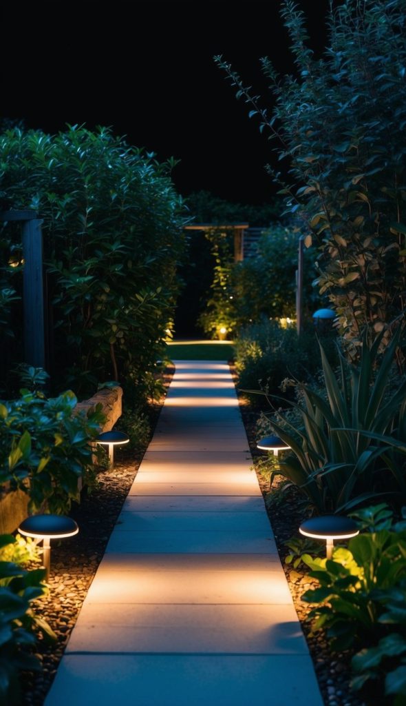 A garden pathway illuminated by small, round lights embedded along its edges, surrounded by lush green foliage, captured at night.