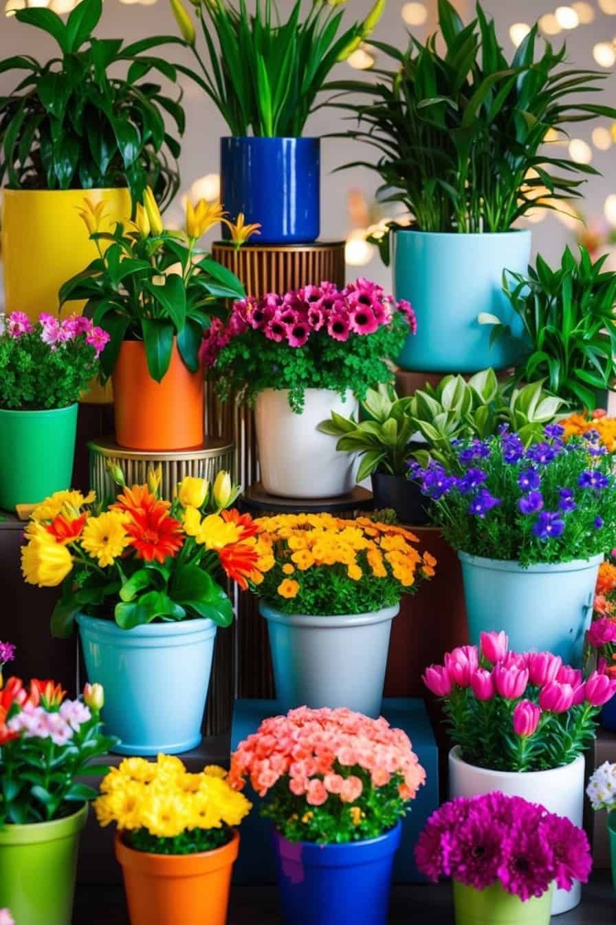 An assortment of vibrant flowers and plants in colorful pots, including yellow lilies, pink daisies, orange gerberas, purple petunias, and pink tulips, arranged on different levels.