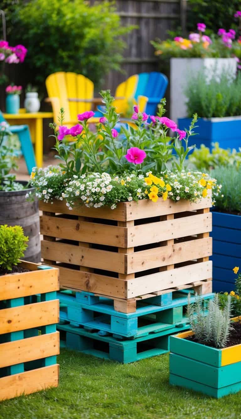 A wooden pallet planter filled with blooming flowers and greenery, surrounded by other upcycled containers in a vibrant garden setting