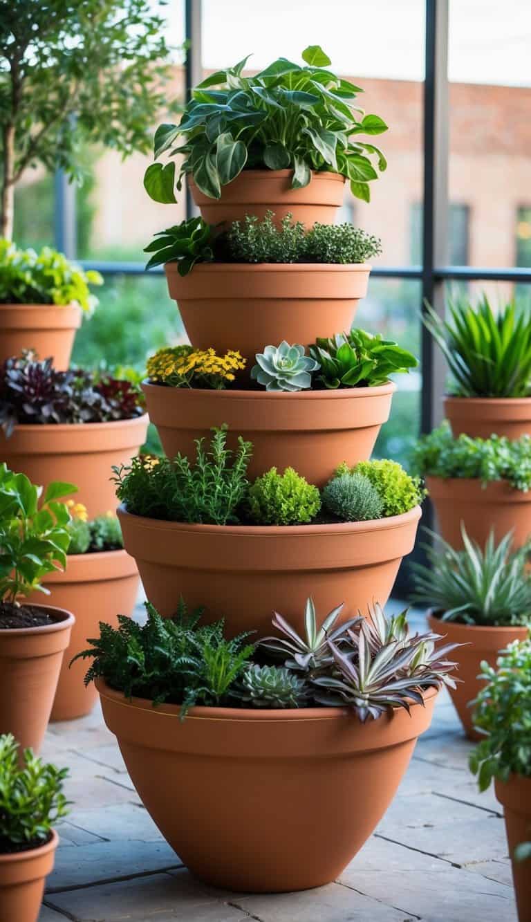 A tall tower of stacked terra cotta pots filled with various plants, creating a vibrant and versatile container garden display