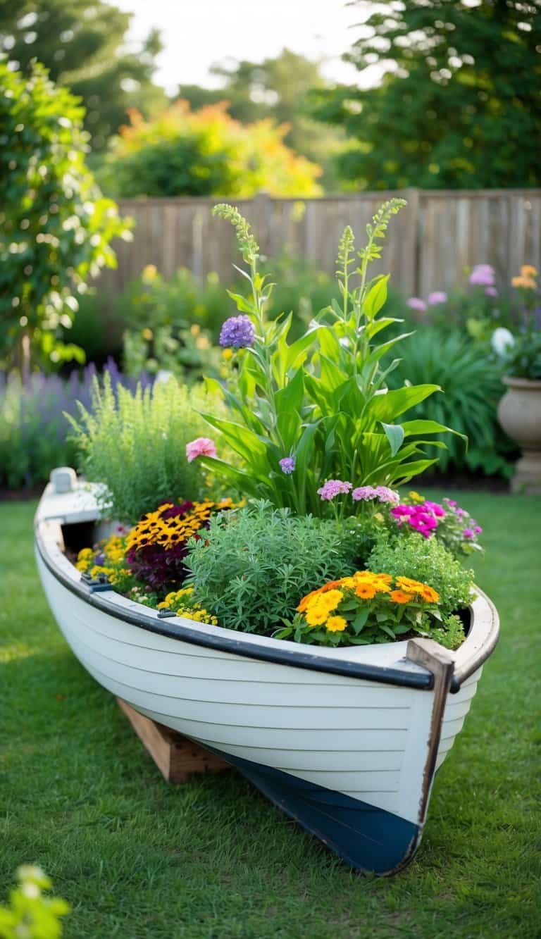 An old boat repurposed as a planter, filled with a variety of colorful flowers and greenery, sitting in a lush garden setting