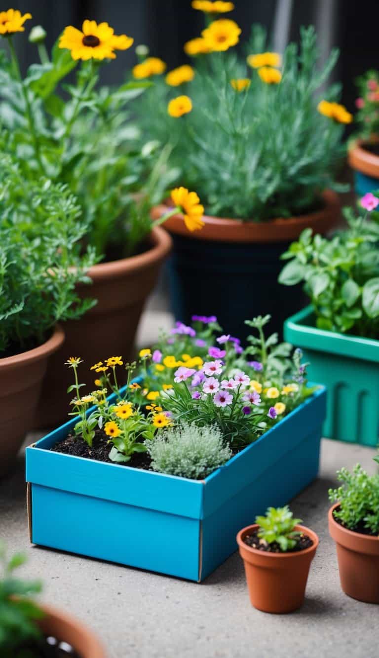 A shoebox filled with wildflowers and small plants, surrounded by other creative container gardening ideas