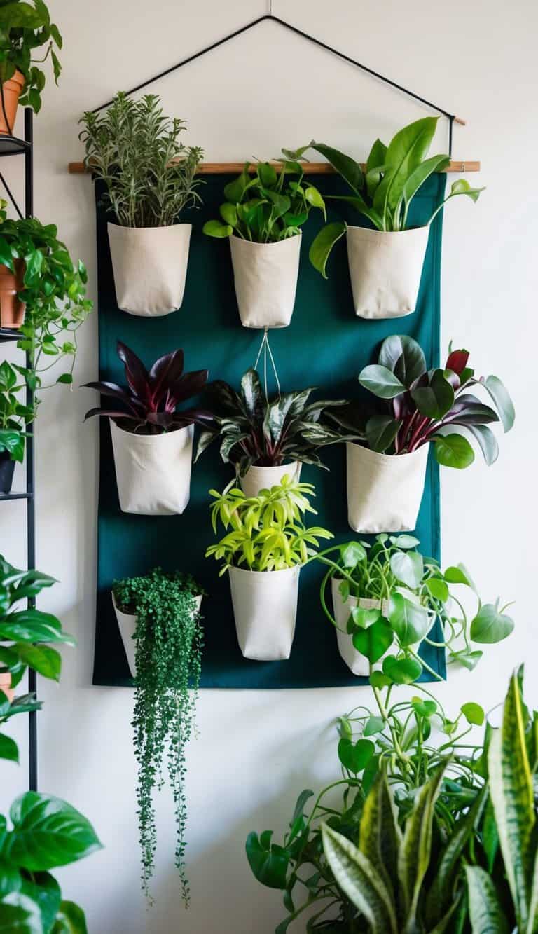 A fabric pocket indoor garden hangs on a wall, filled with a variety of plants in different-sized containers. The space is filled with greenery, creating a lush and vibrant display