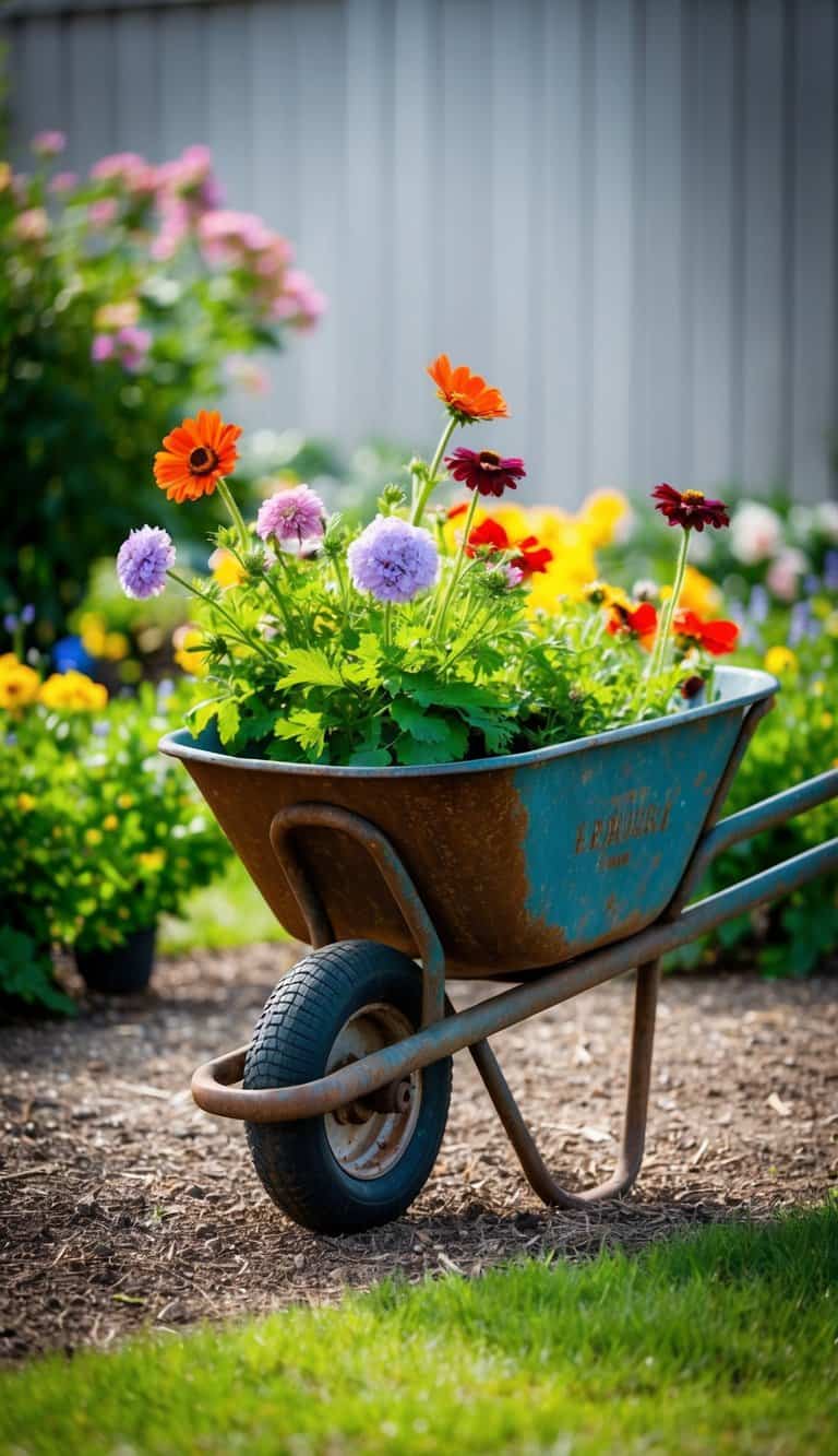 A rusted wheelbarrow filled with flowers in a garden bed