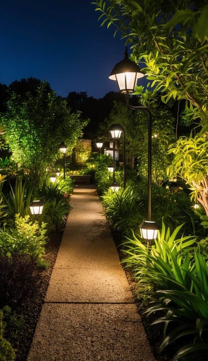 A garden pathway illuminated by ornamental street lamps at night, surrounded by lush greenery and neatly trimmed bushes under a clear, starry sky.