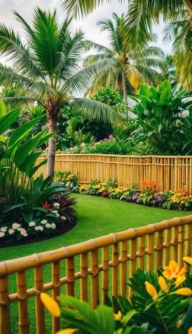 A tropical garden with lush green grass, surrounded by bamboo fencing and vibrant flowers, including yellow and orange blooms, with tall palm trees under a cloudy sky.